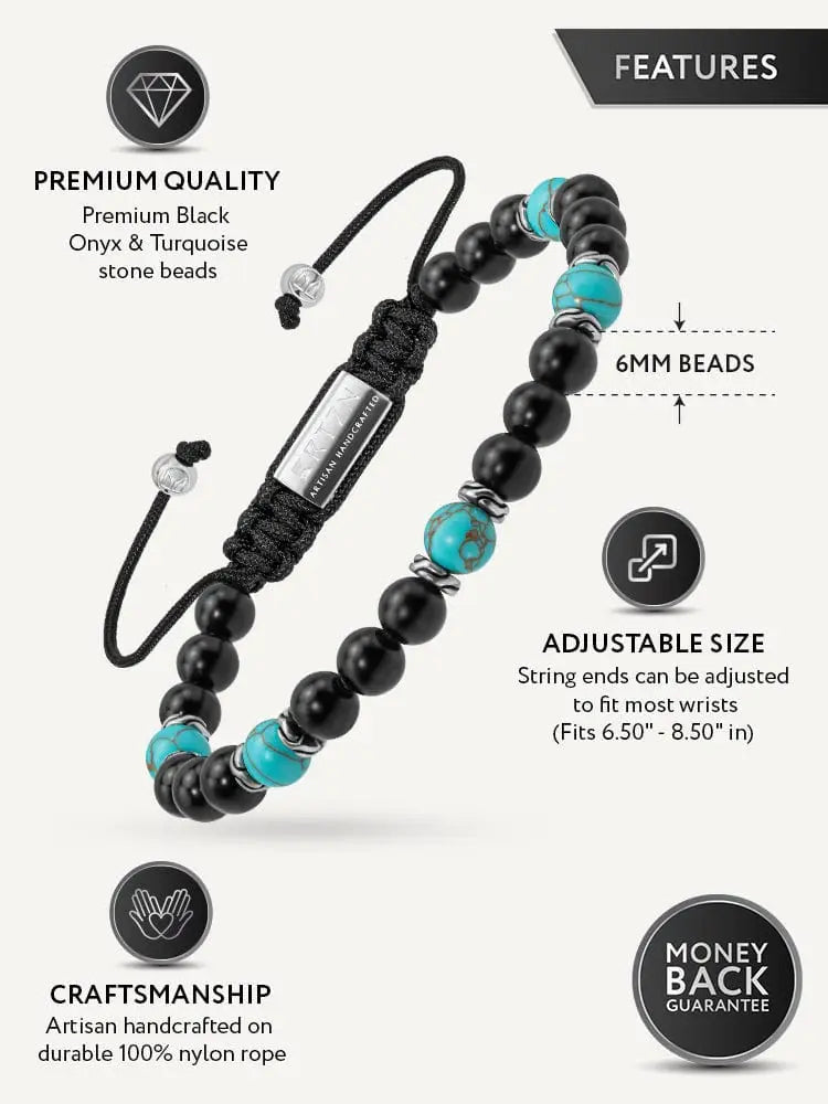 Navajo turquoise and black onyx adjustable beaded bracelet with silver-toned tag on nylon cord
