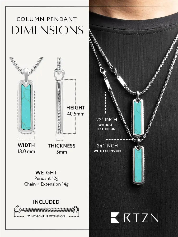Men’s turquoise column pendant with silver rectangular turquoise stone inlay on stainless steel box chain necklace