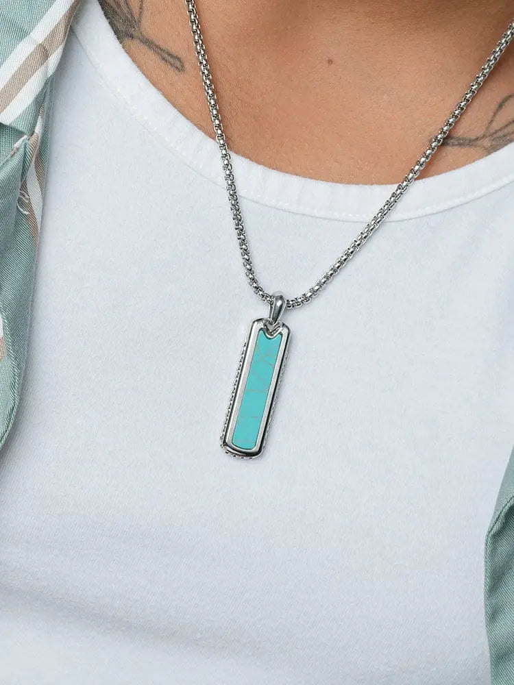 Men’s turquoise column pendant stainless steel box chain necklace with silver chain and rectangular textured turquoise pendant