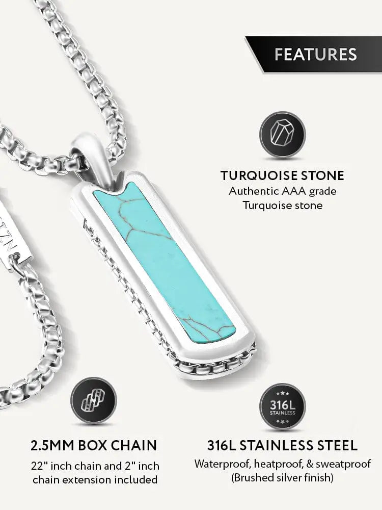 Men’s turquoise column pendant stainless steel necklace with silver rectangular pendant inset with vibrant turquoise stone and clear accents