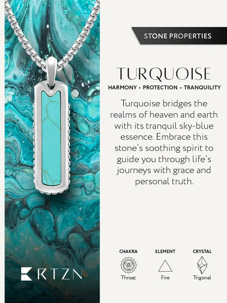 Men’s turquoise column pendant necklace with rectangular stone, silver-toned frame, intricate beaded edge, stainless steel chain