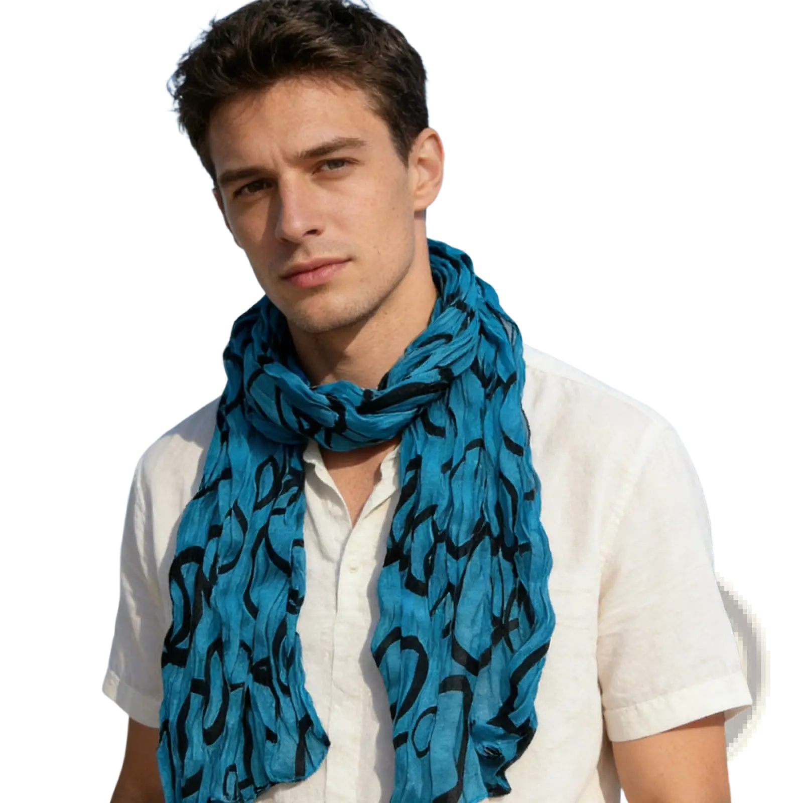 A turquoise crinkle beach cover up scarf with bold black abstract patterns made of lightweight fabric