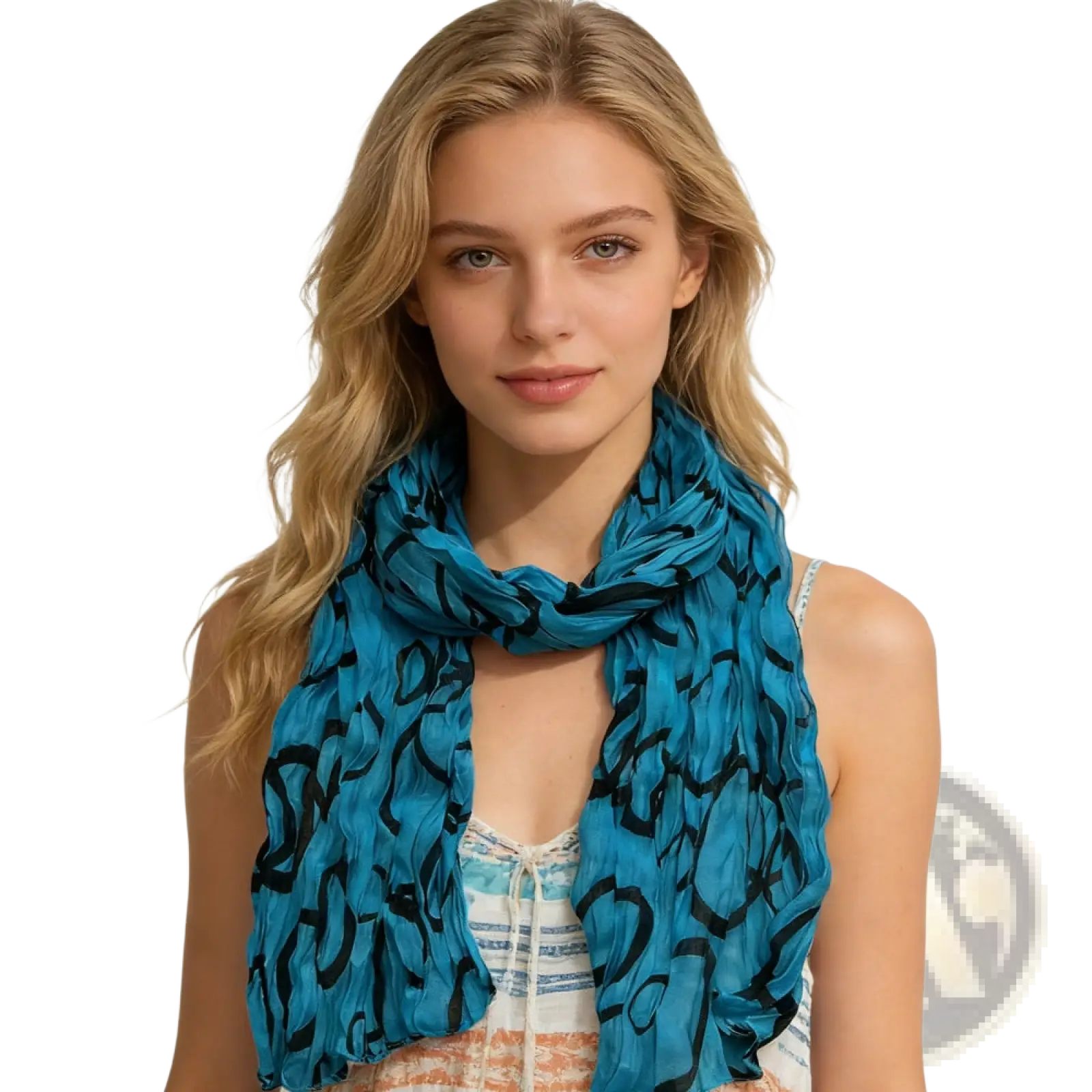 A flowing turquoise crinkle beach cover up scarf with bold black abstract pattern made of lightweight fabric