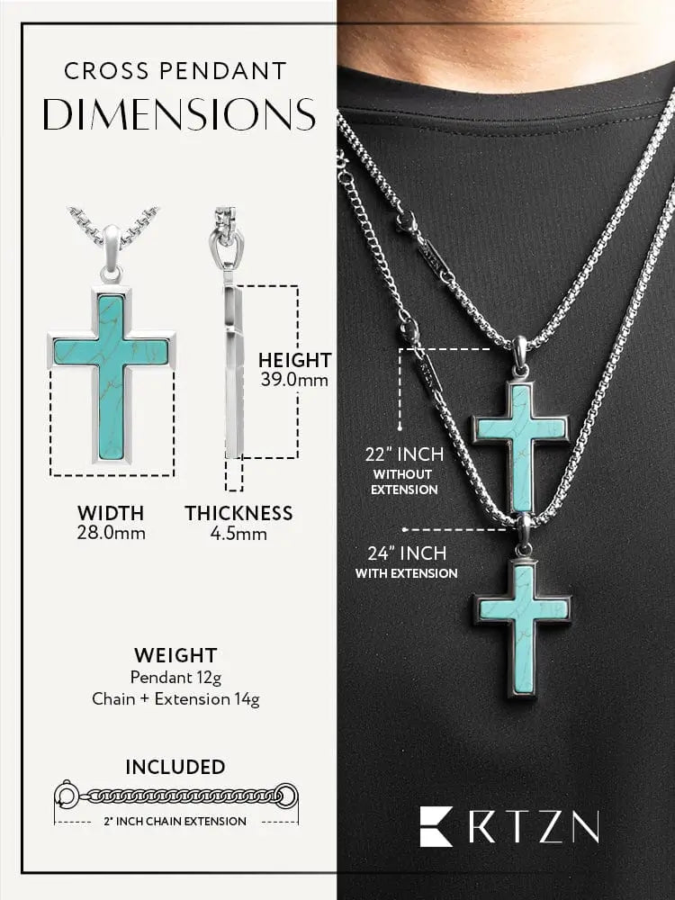 Silver cross pendant necklace with turquoise inlay in stainless steel featuring a sleek modern design