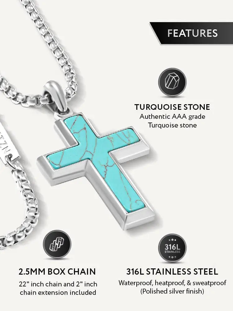 Silver cross pendant necklace with turquoise aaa-grade stone inlay set in durable 316l stainless steel