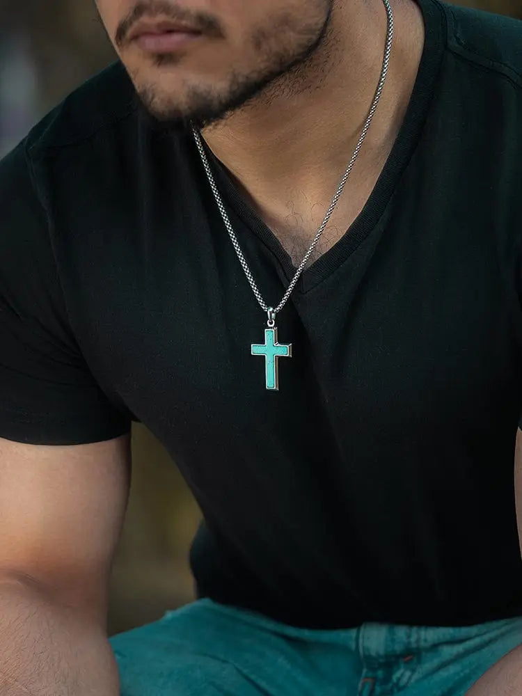 Silver chain necklace with turquoise inlay stainless steel cross pendant for stylish everyday wear