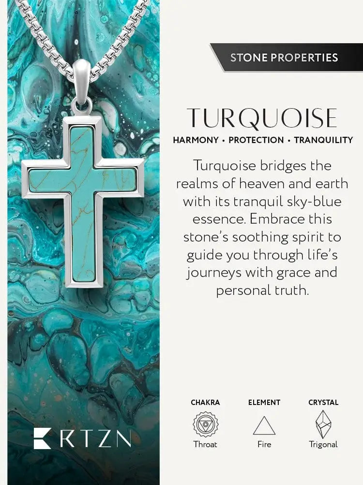 A silver-toned stainless steel cross pendant necklace with turquoise stone inlay and a sleek rectangular design