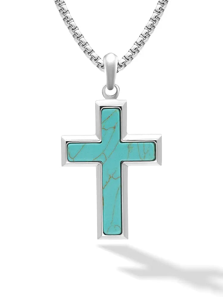 Silver cross pendant necklace with turquoise stone inlay and sleek rectangular stainless steel frame on matching chain