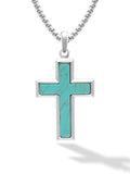 Silver cross pendant necklace with turquoise stone inlay and sleek rectangular stainless steel frame on matching chain