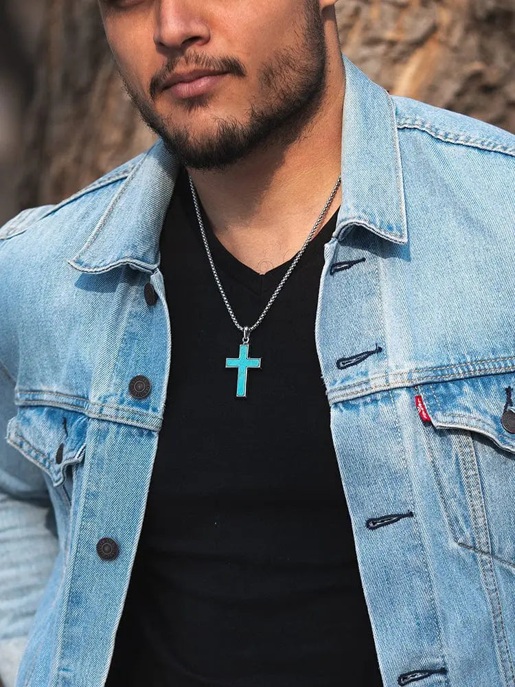 Turquoise inlay stainless steel cross pendant necklace featuring a turquoise cross on a silver chain