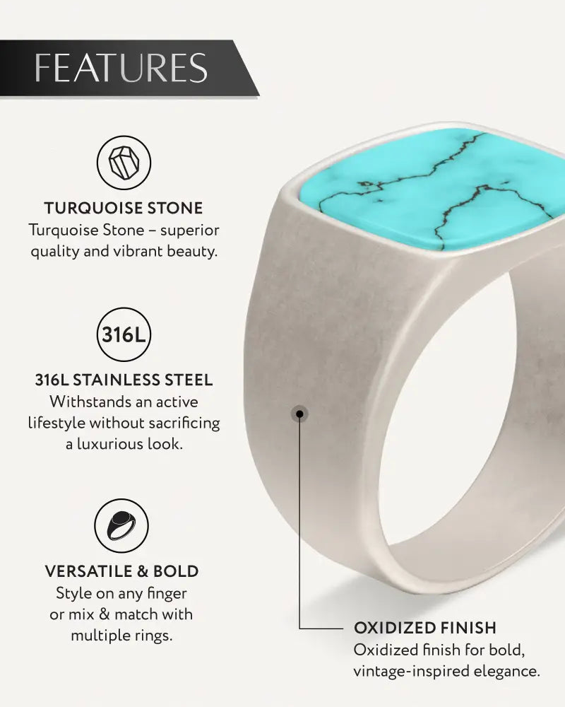 Oxidized turquoise cushion signet ring with vibrant turquoise stone set in 316l stainless steel with bold finish
