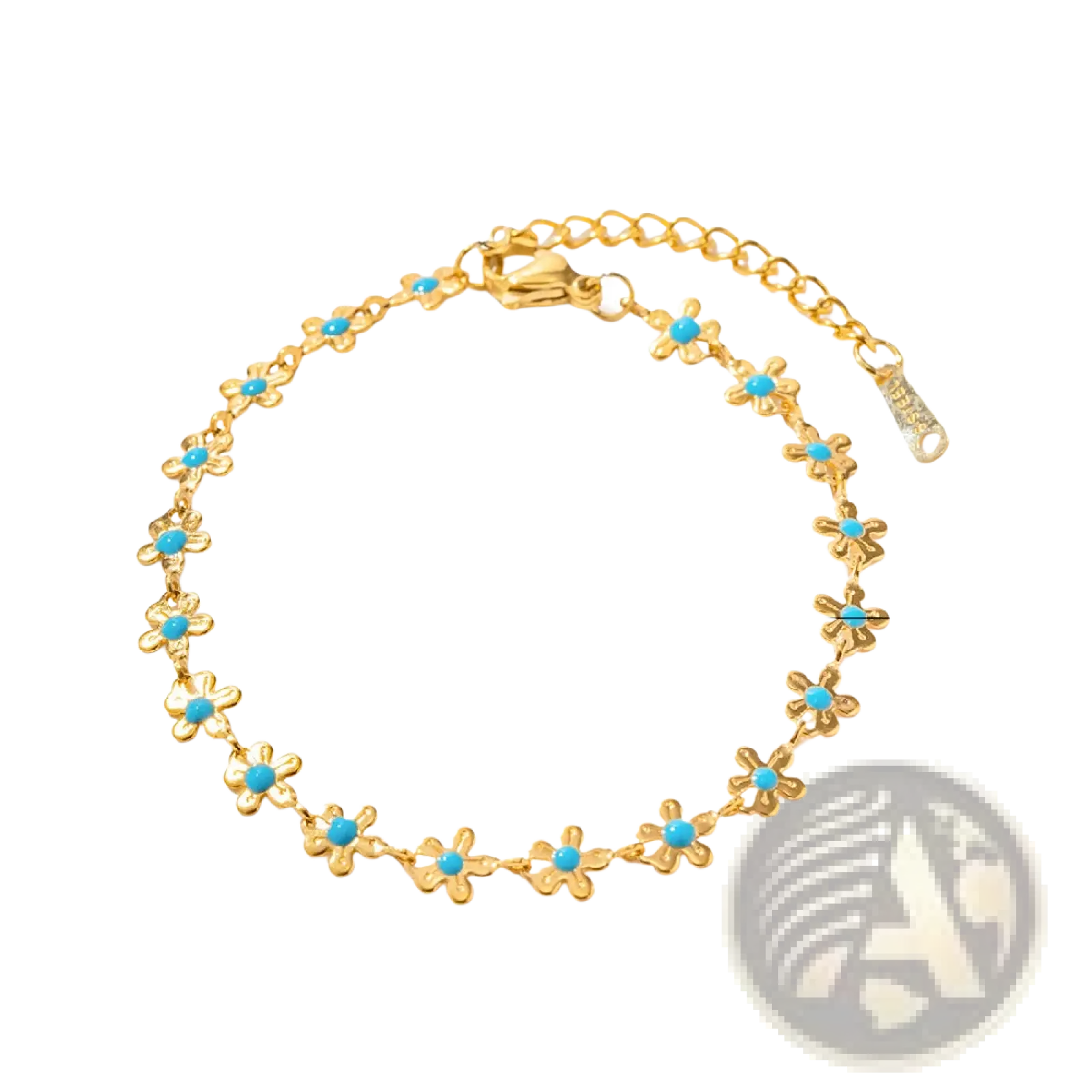 Gold-toned chain bracelet with turquoise-centered daisy flower charms from turquoise daisy gold chain necklace and bracelet set