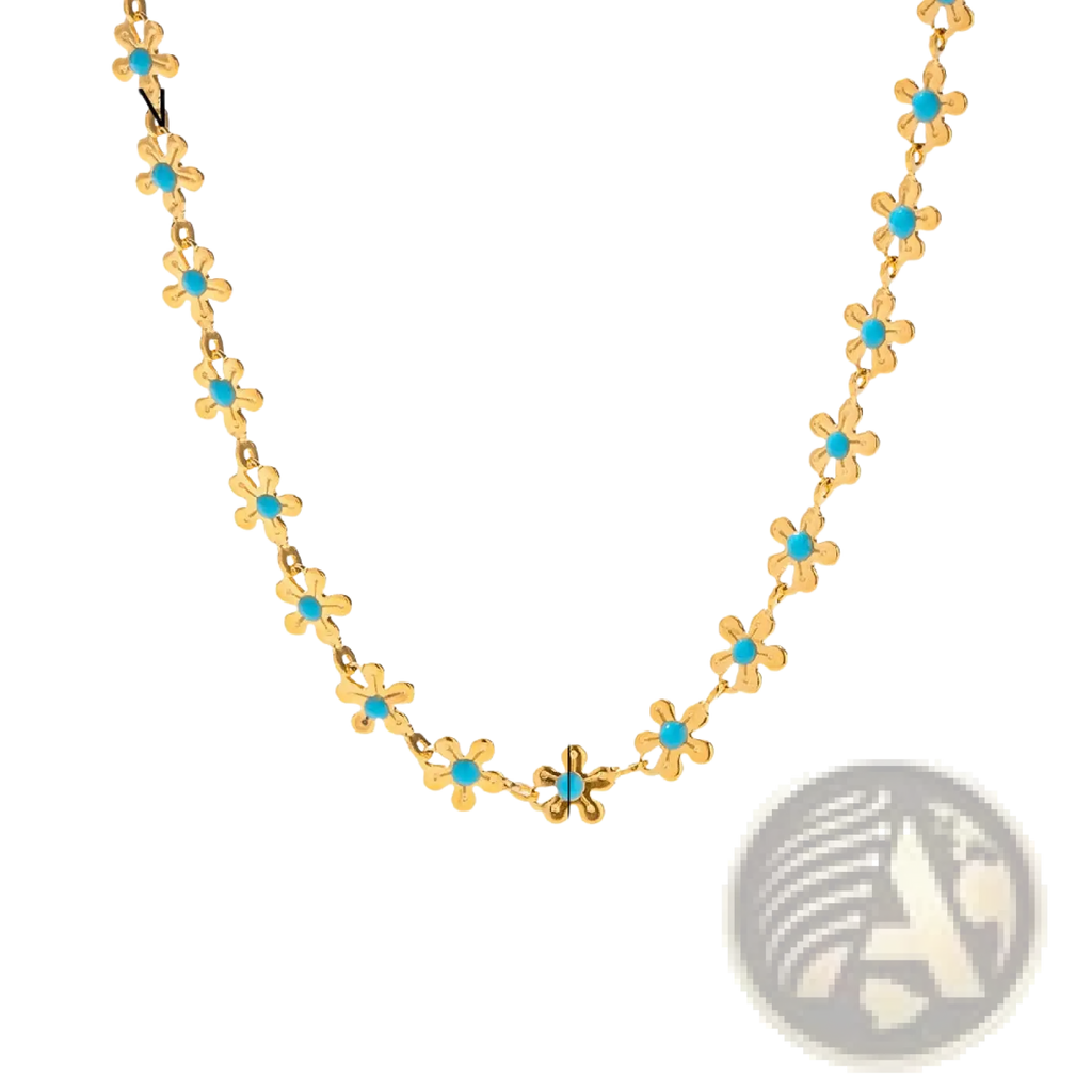 Gold-colored chain necklace and bracelet set featuring delicate flower-shaped links with turquoise center stones