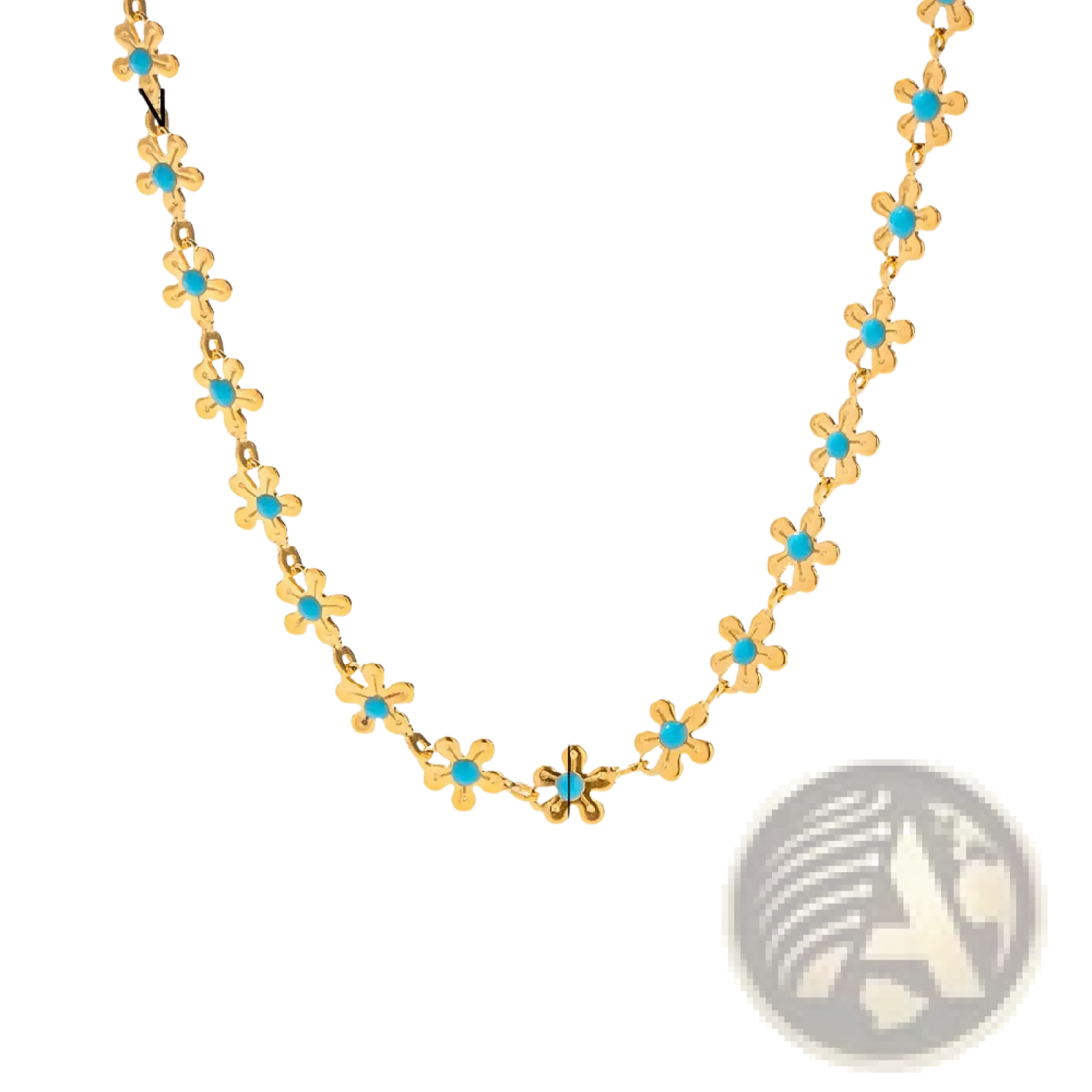 Gold-colored chain necklace and bracelet set featuring delicate flower-shaped links with turquoise center stones