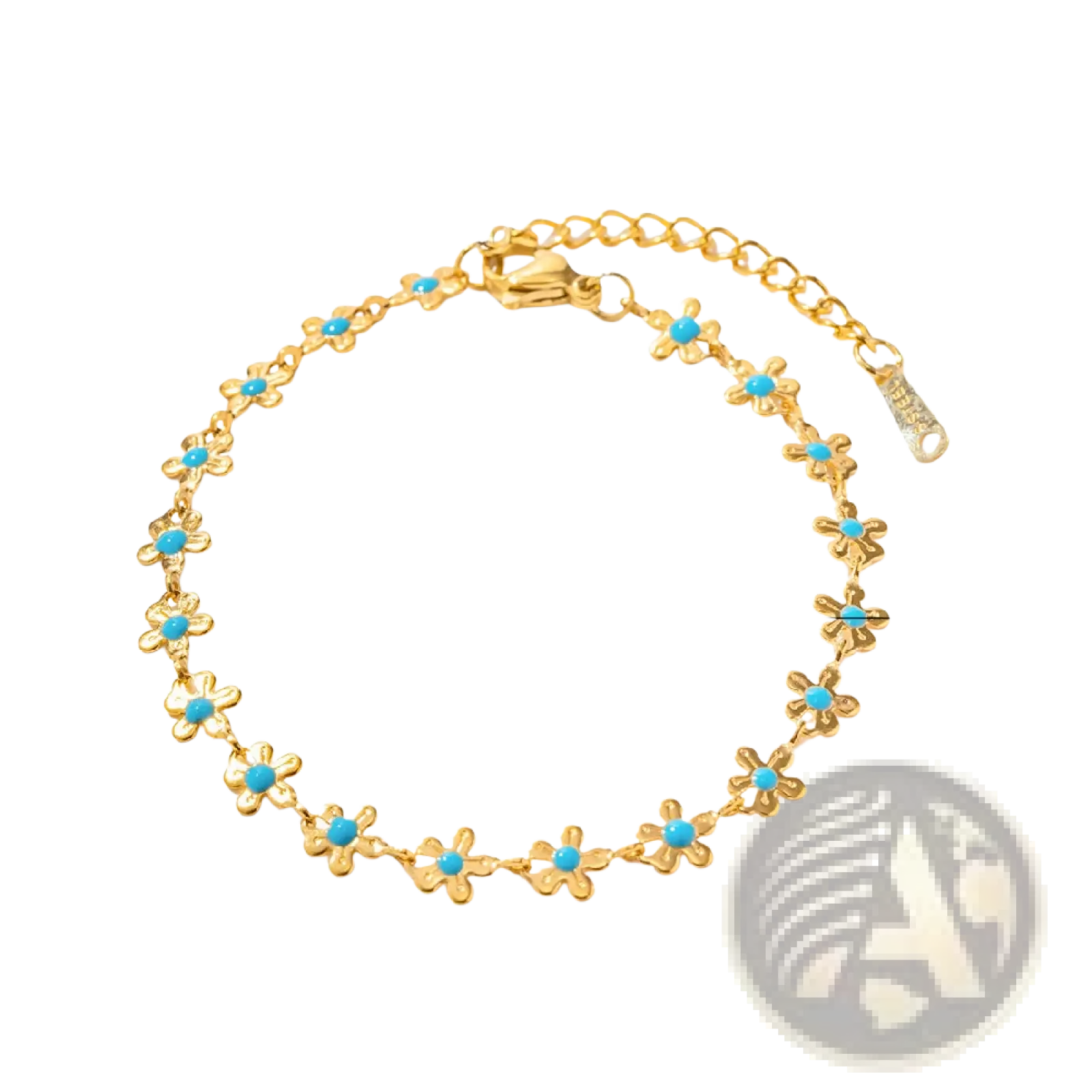 Gold-toned chain bracelet adorned with small turquoise-centered flower charms from turquoise daisy necklace and bracelet set