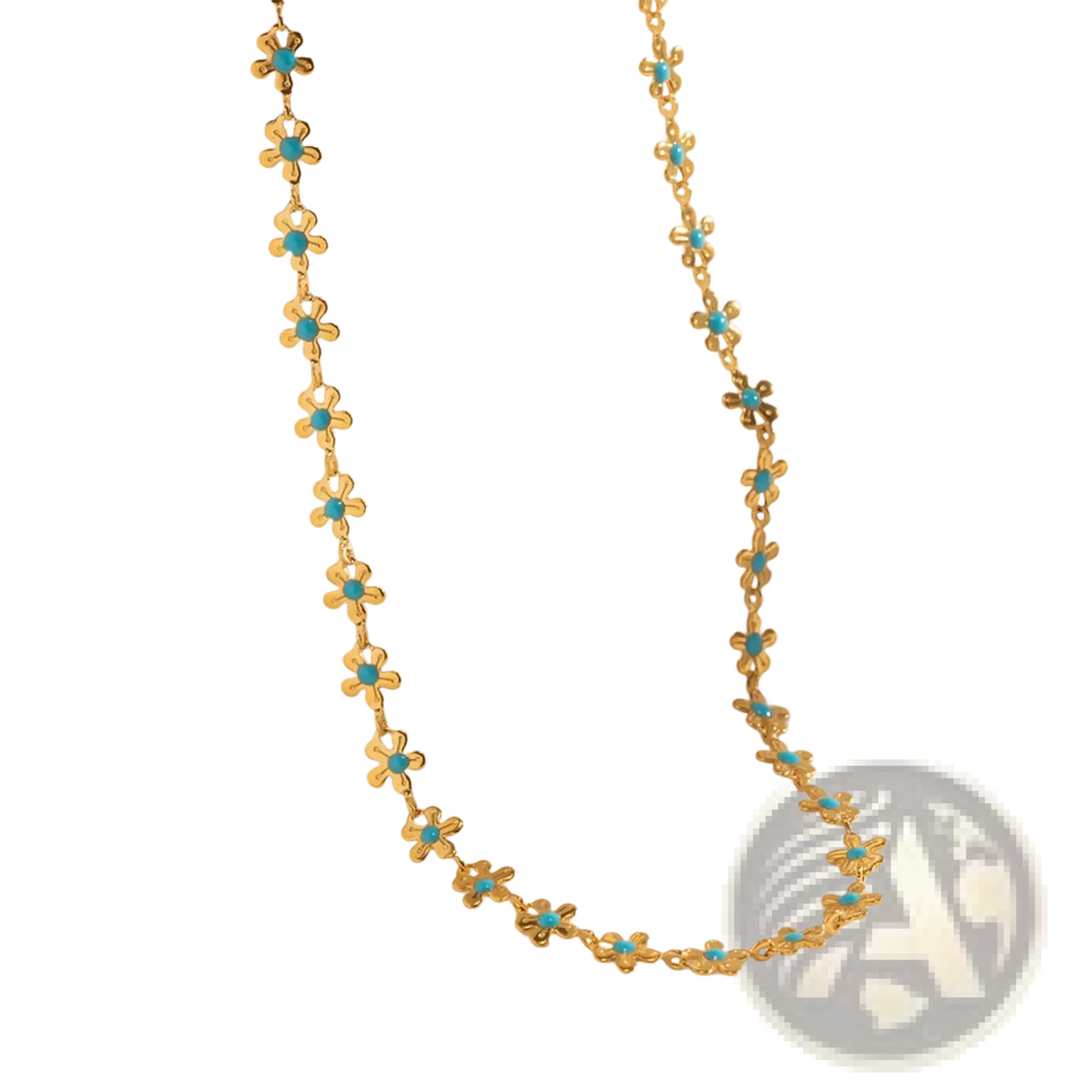 Delicate gold chain necklace adorned with small turquoise daisy flower charms from a matching necklace and bracelet set