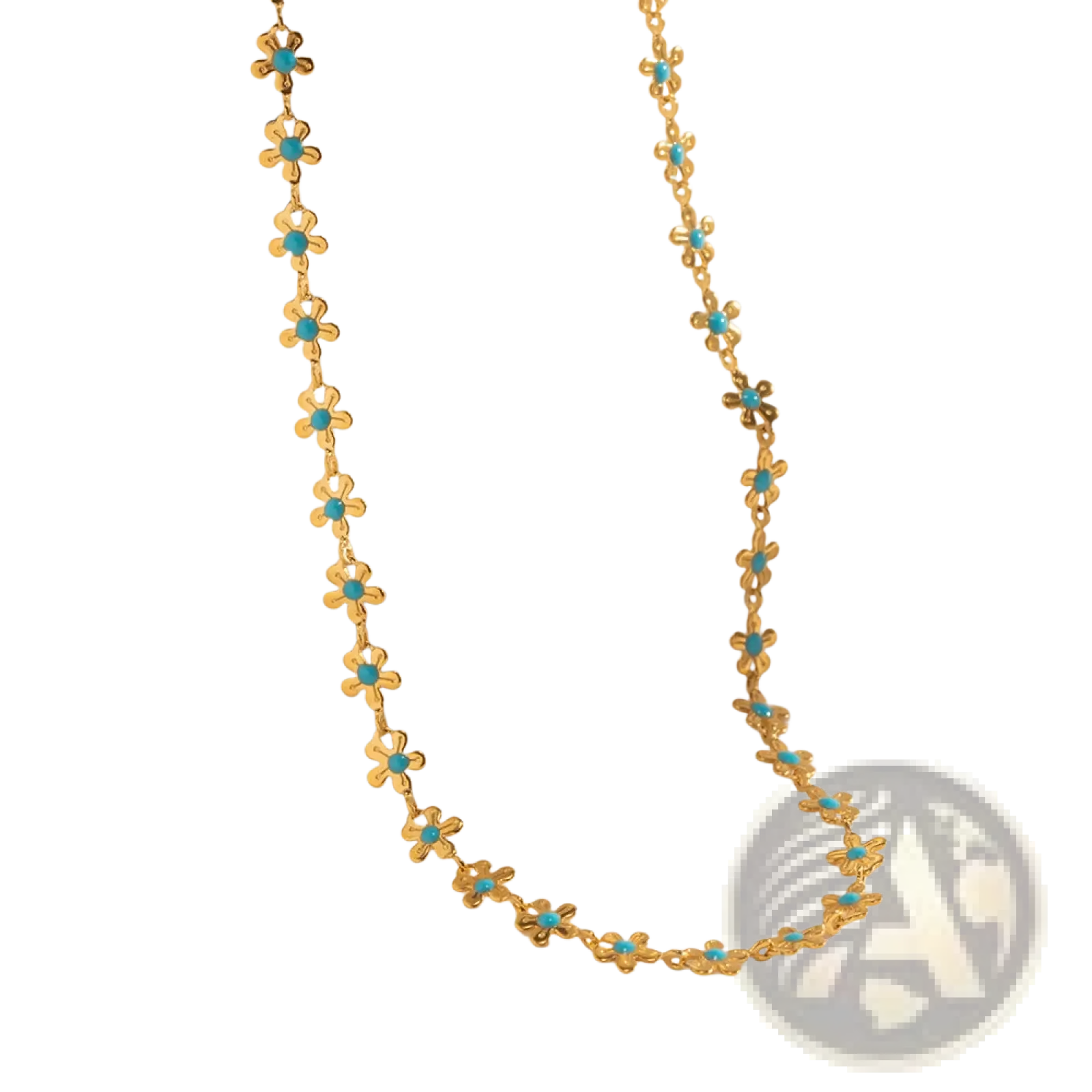 Delicate gold chain necklace adorned with small turquoise daisy flower charms from a matching necklace and bracelet set
