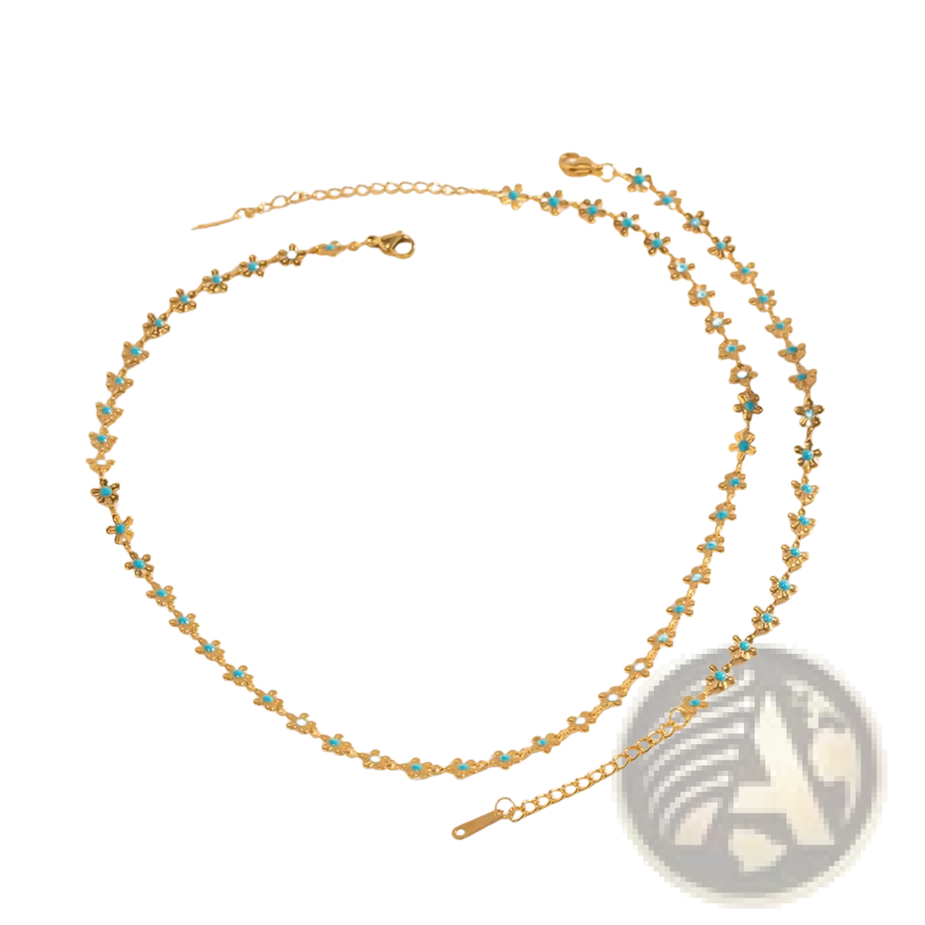 Gold-toned ankle bracelet with delicate turquoise-centered flower charms from the turquoise daisy gold chain set