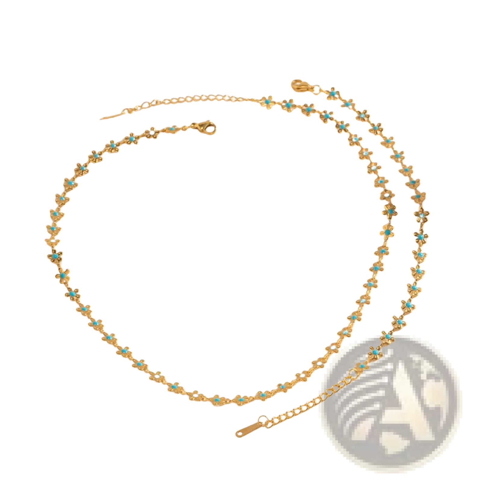 Gold-toned ankle bracelet with delicate turquoise-centered flower charms from the turquoise daisy gold chain set