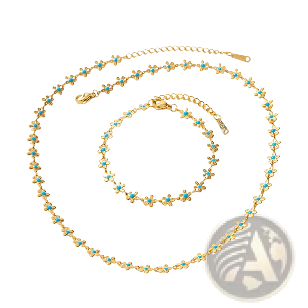 Turquoise daisy gold chain necklace and bracelet set featuring gold-toned metal and turquoise center stones