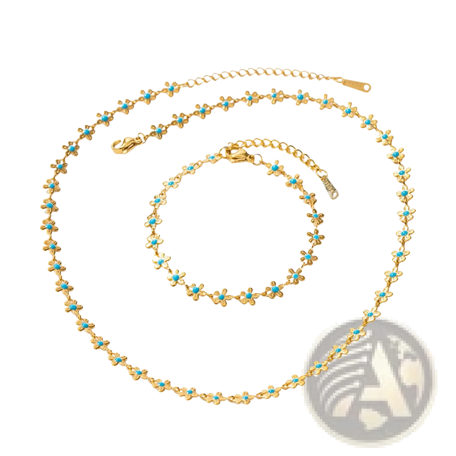 Turquoise daisy gold chain necklace and bracelet set featuring gold-toned metal and turquoise center stones
