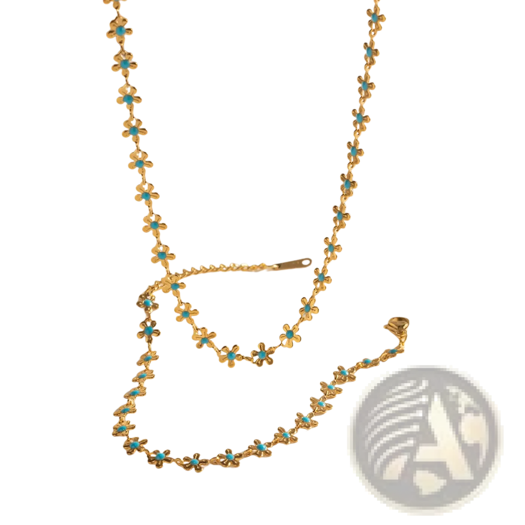 A delicate gold chain necklace adorned with tiny turquoise flower charms from the turquoise daisy set
