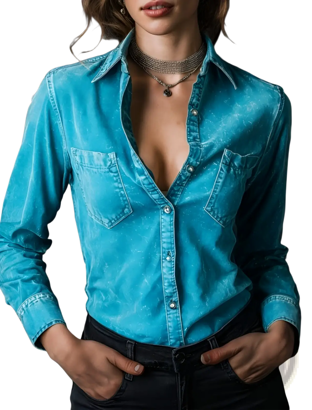 A vibrant turquoise distressed denim lapel shirt with classic button-down design and subtle texture
