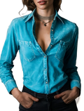 A vibrant turquoise distressed denim lapel shirt with classic button-down design and subtle texture