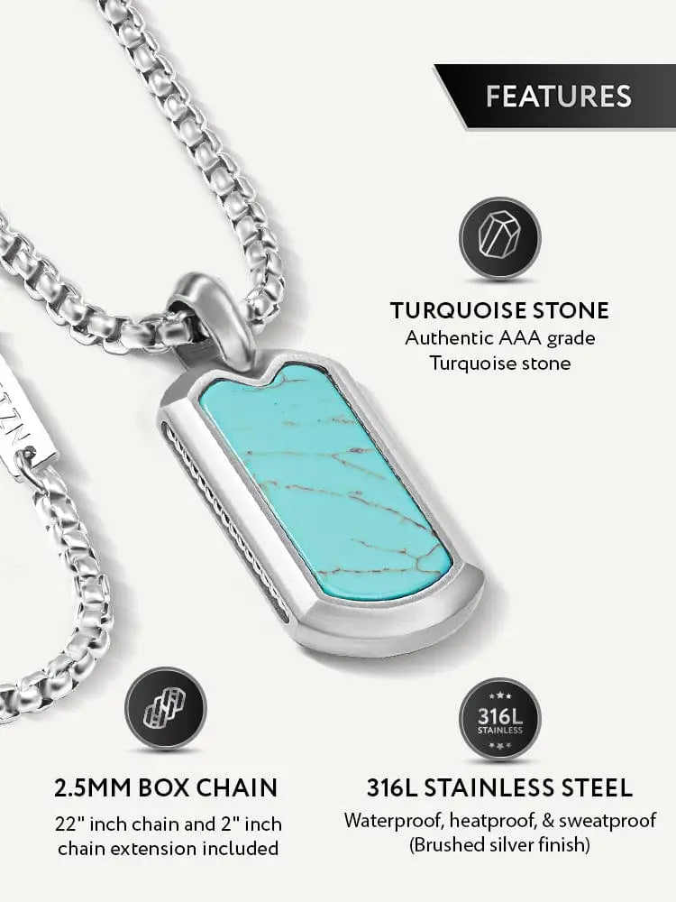 Silver dog tag necklace featuring a vibrant turquoise aaa-grade stone set in brushed 316l stainless steel