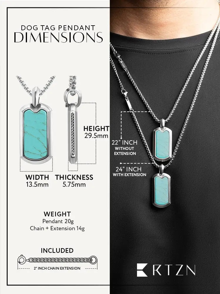 Silver stainless steel dog tag necklace with turquoise stone inlay rectangular pendant and textured edge design