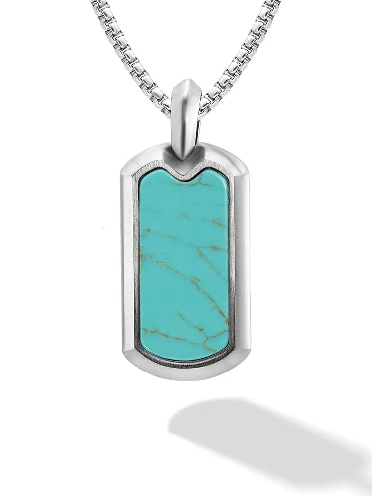 Silver stainless steel dog tag necklace with vibrant turquoise inlay stone and matching box chain