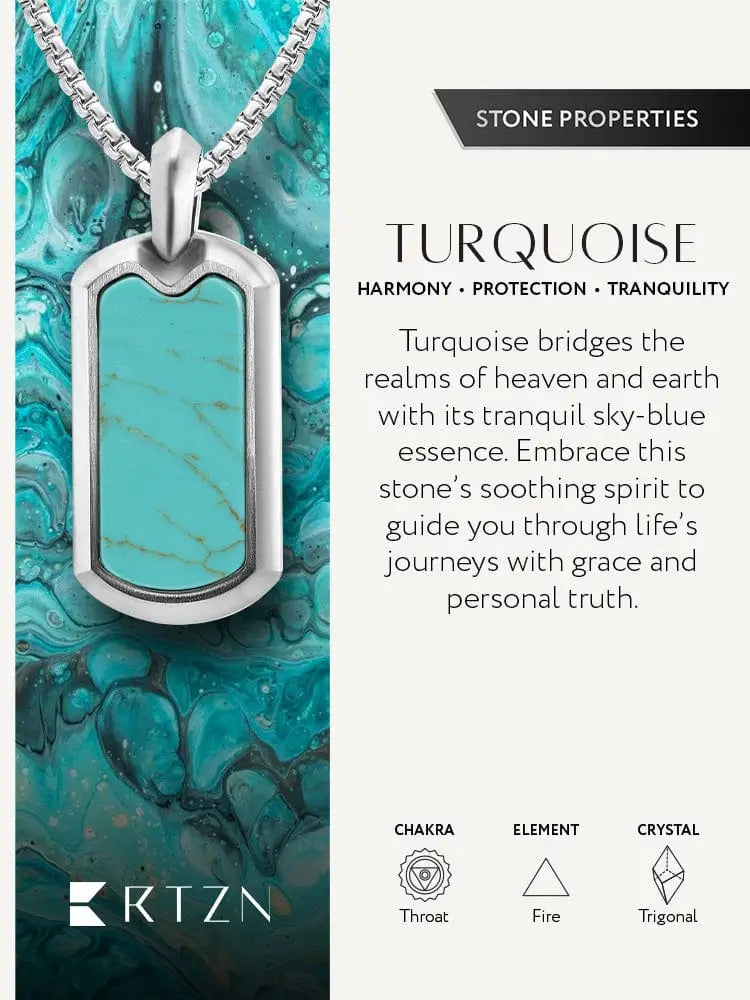 A silver-toned stainless steel dog tag necklace with a vibrant turquoise inlay featuring natural veining