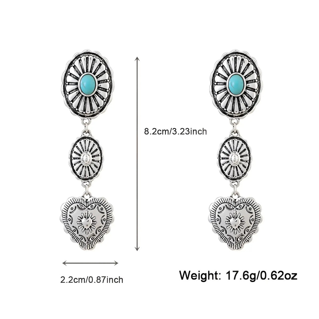 Silver-toned dangle earrings with turquoise stone, sunburst oval, and engraved heart pendant in turquoise heart and sunburst set