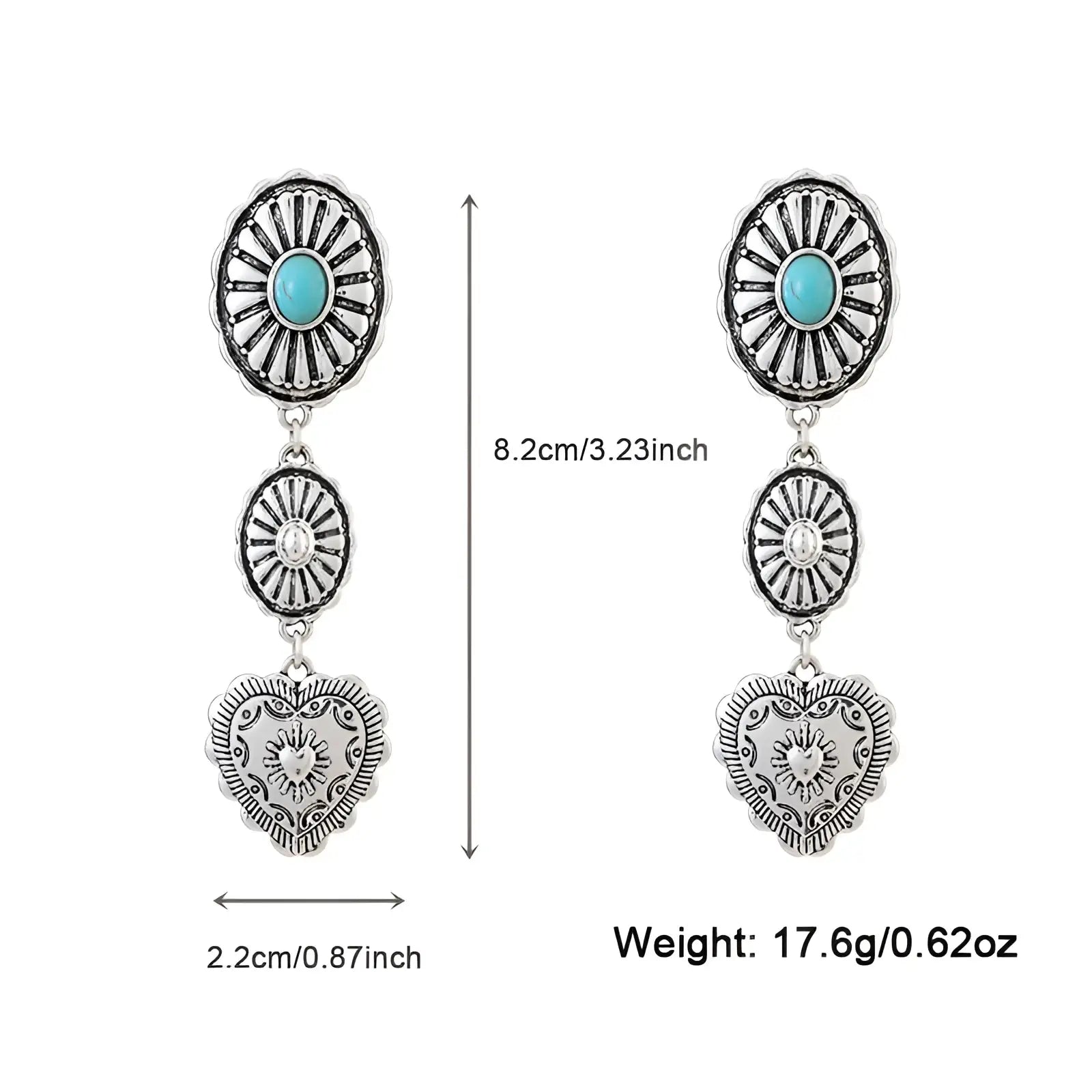 Silver-toned dangle earrings with turquoise stone, sunburst oval, and engraved heart pendant in turquoise heart and sunburst set