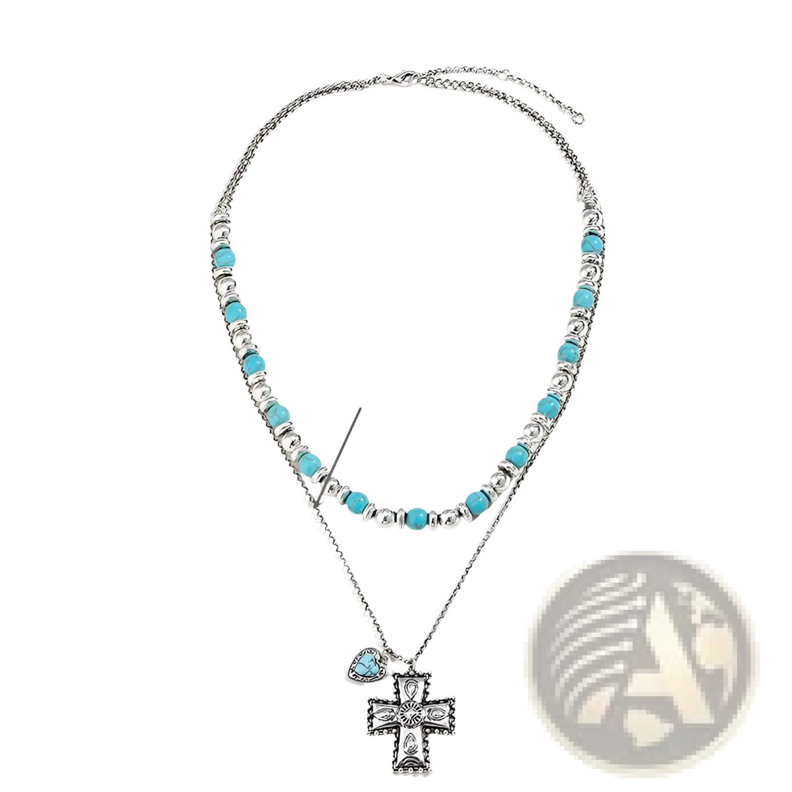 Silver-toned double-layer necklace with turquoise beads and detailed cross pendant with heart accent from jewelry set