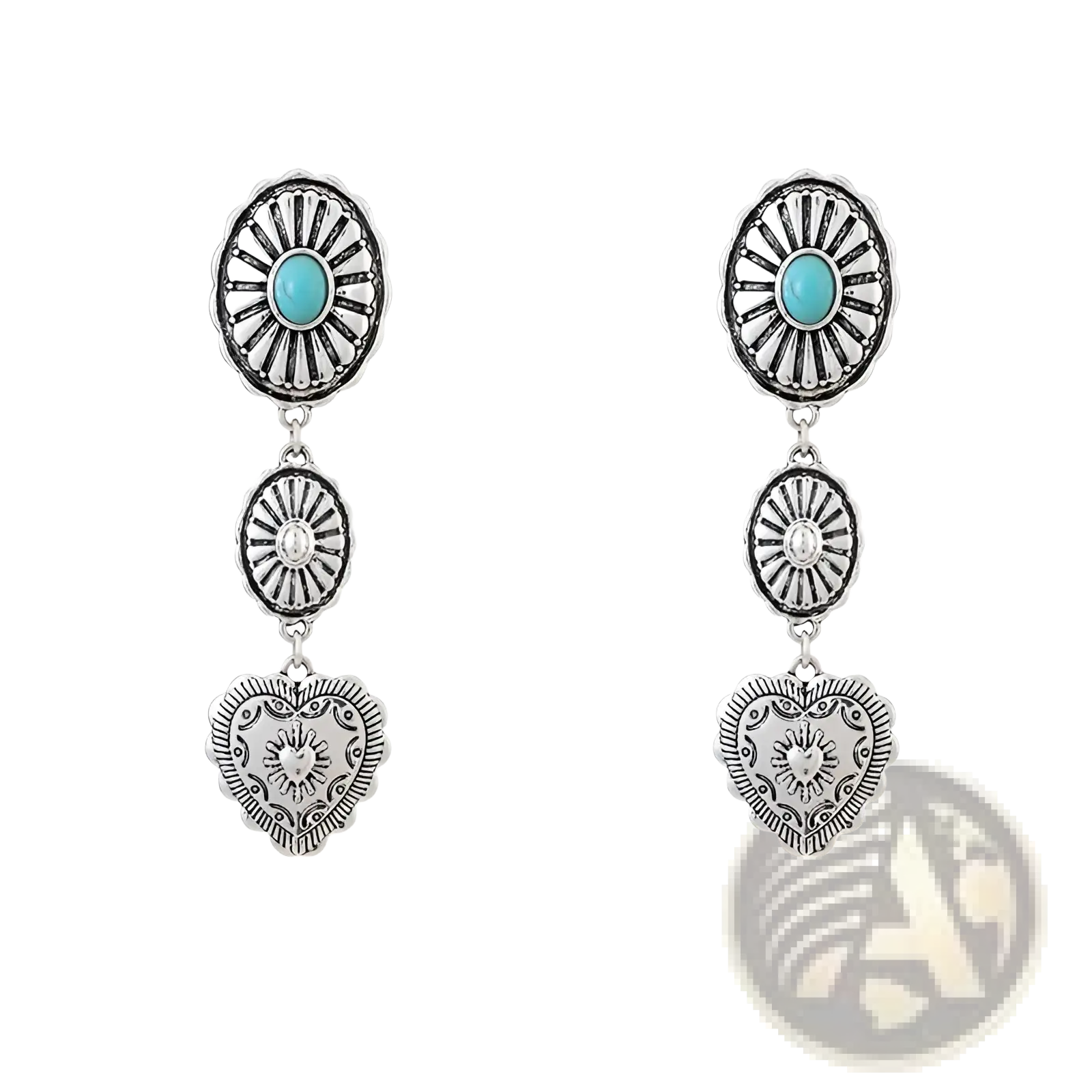 Silver-toned dangle earrings with turquoise stone, clear crystal oval, and engraved heart pendant from Turquoise Heart and Sunburst set