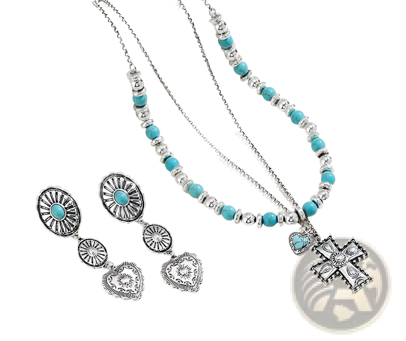 Silver-toned turquoise heart and sunburst jewelry set featuring necklace with cross pendant and matching earrings