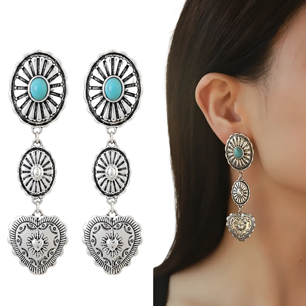 Silver-toned dangle earrings with turquoise stones sunburst patterns and heart-shaped pendants from turquoise heart and sunburst silver jewelry set