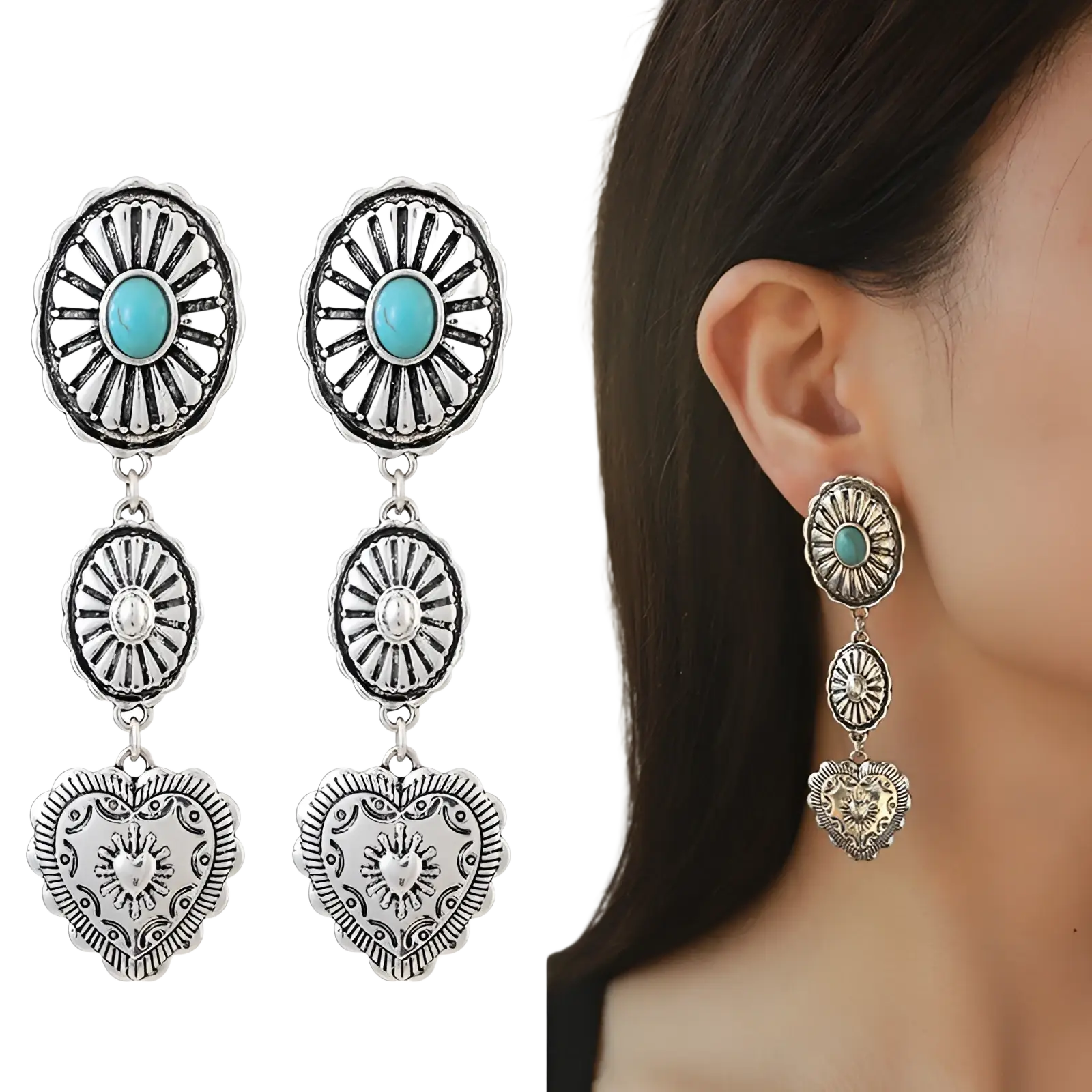 Silver-toned dangle earrings with turquoise stones sunburst patterns and heart-shaped pendants from turquoise heart and sunburst silver jewelry set