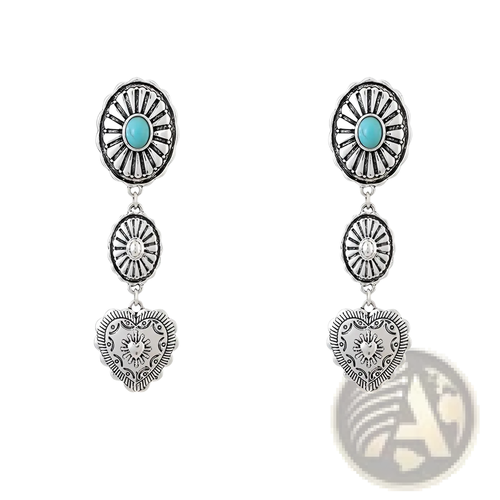 Silver-toned dangle earrings with turquoise stone, clear crystal, and engraved heart pendant from turquoise heart and sunburst set