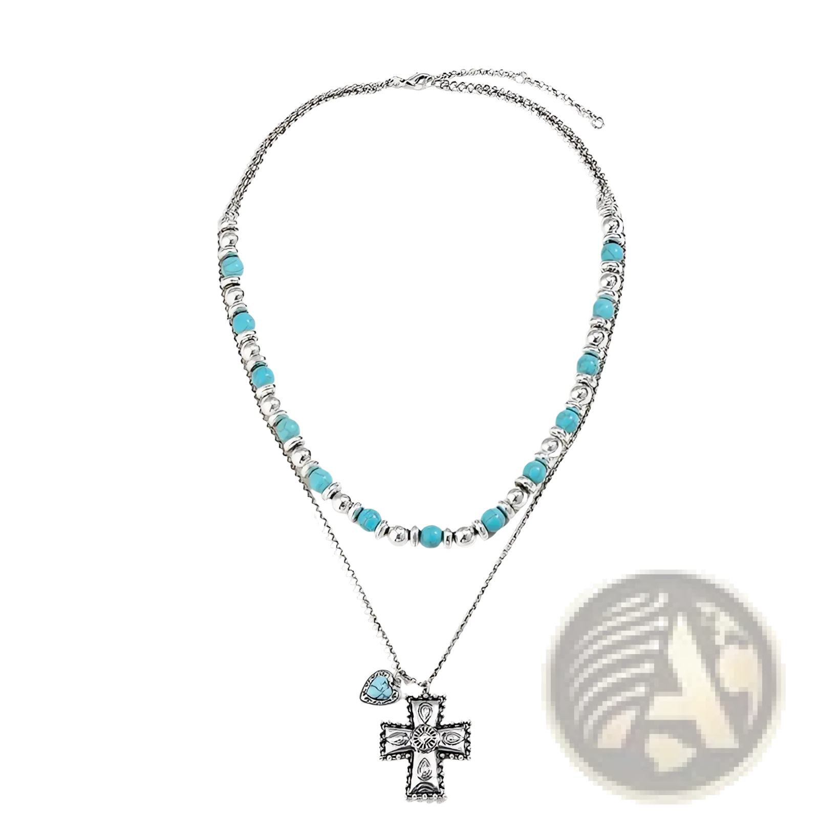 A two-layered turquoise and silver necklace with intricate cross pendant from the turquoise heart and sunburst set