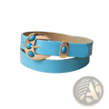 A light blue leather turquoise leather belt with gold-toned buckle featuring three turquoise stones and inlays
