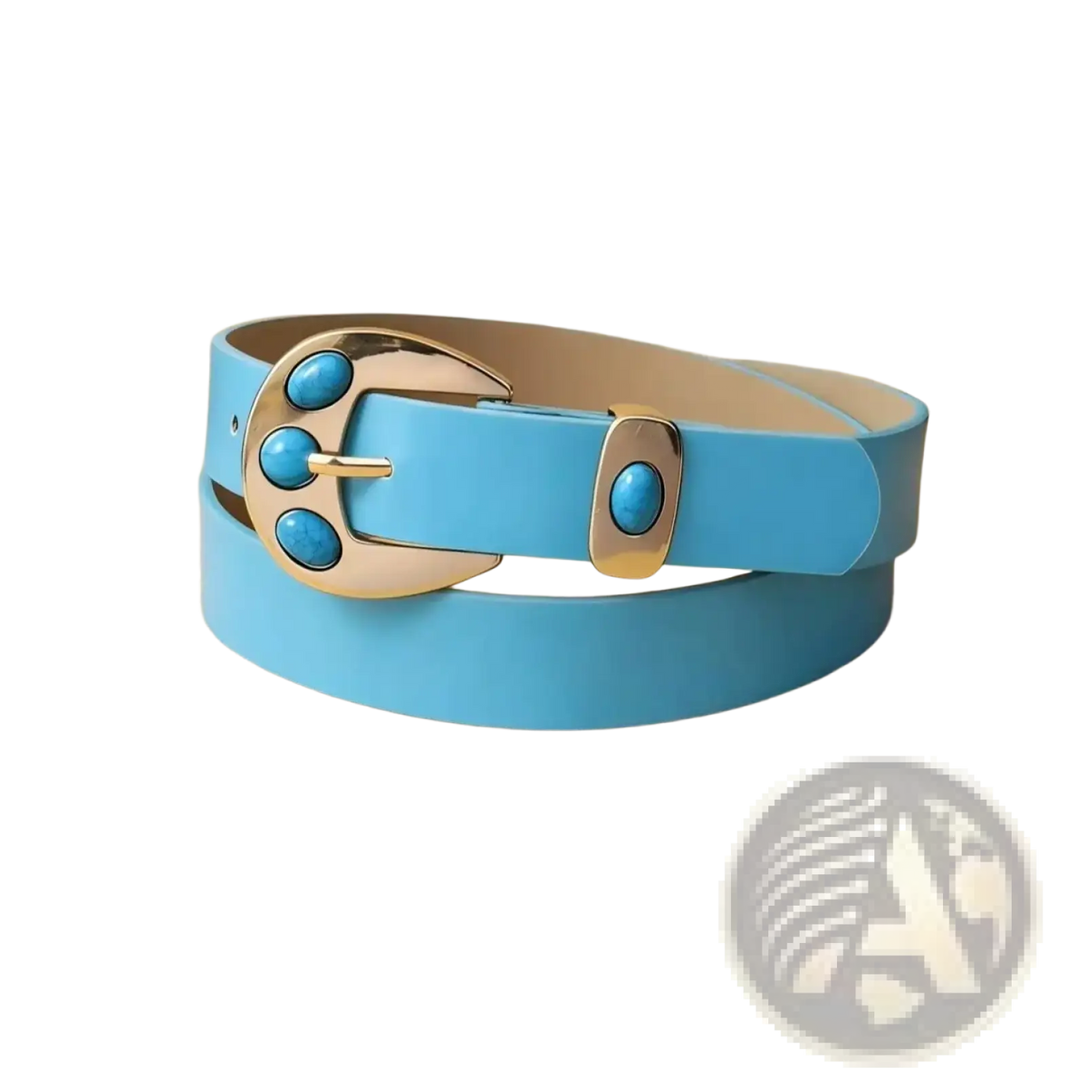 A light blue leather turquoise leather belt with gold-toned buckle featuring three turquoise stones and inlays