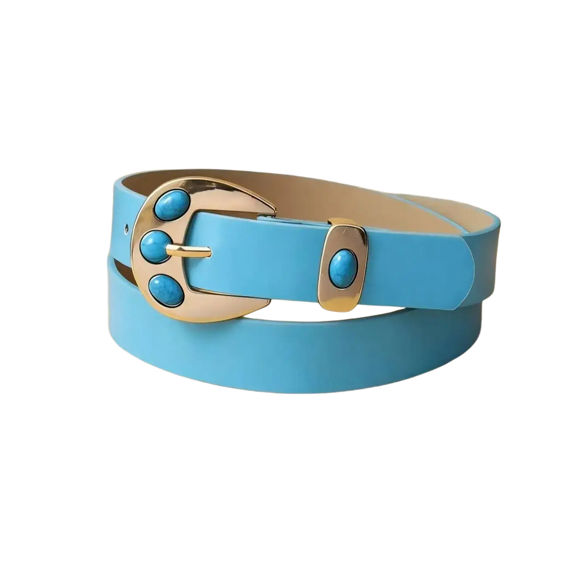 A light blue leather turquoise leather belt with gold-toned buckle featuring three turquoise stones and inlays