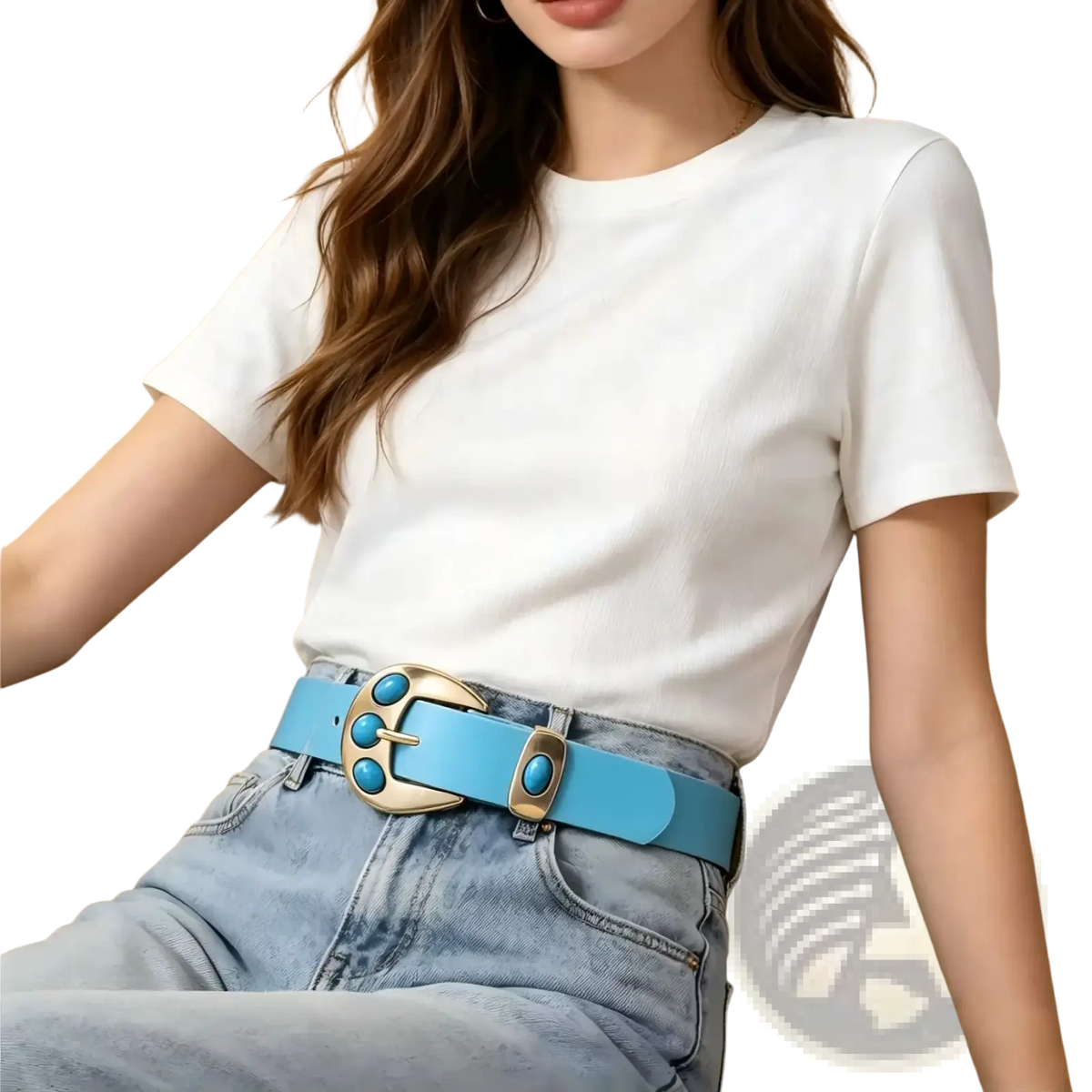A vibrant turquoise leather belt with a gold-toned buckle featuring three blue stone accents