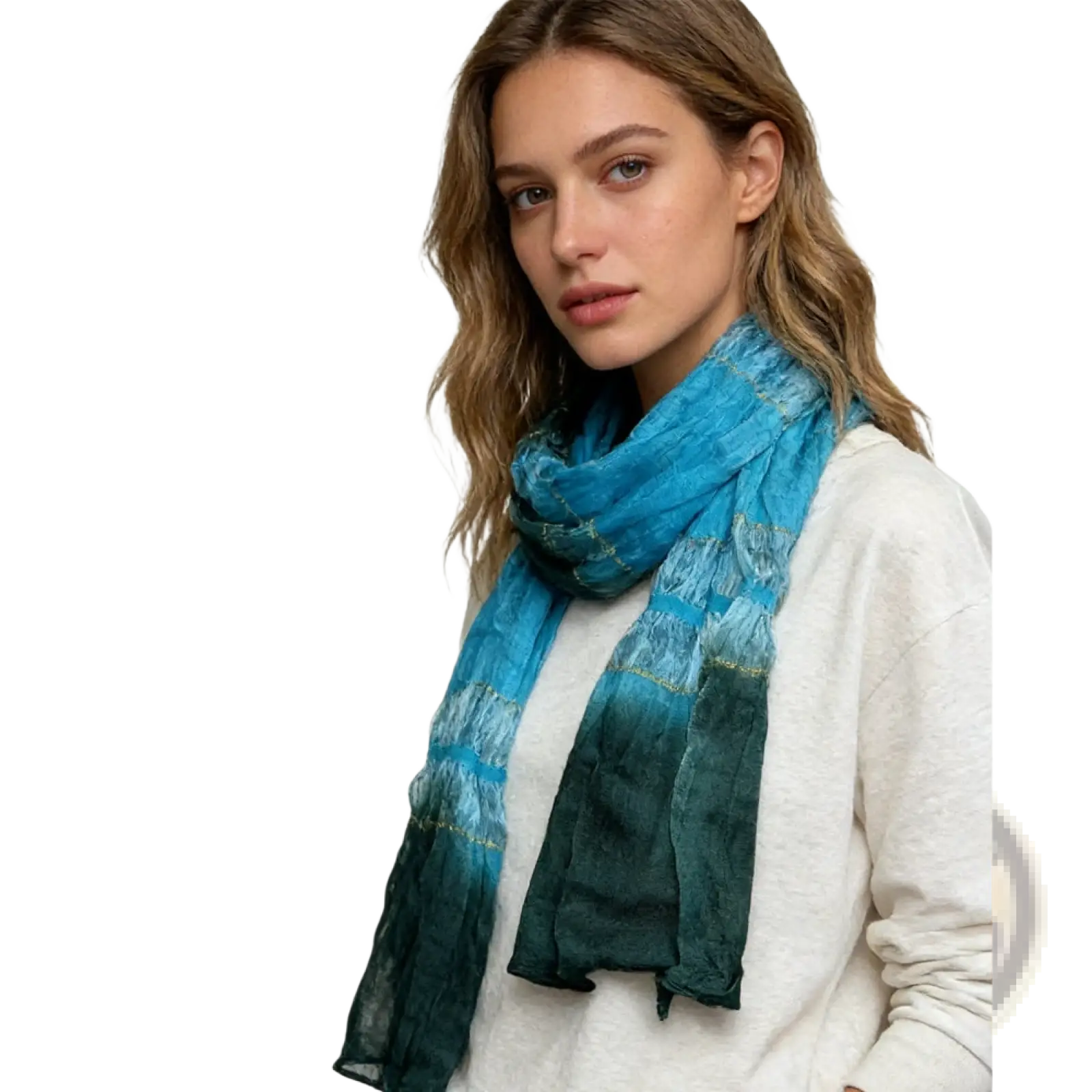 A turquoise metallic skinny scarf with a flowing blue-to-green gradient and subtle gold-trimmed horizontal bands