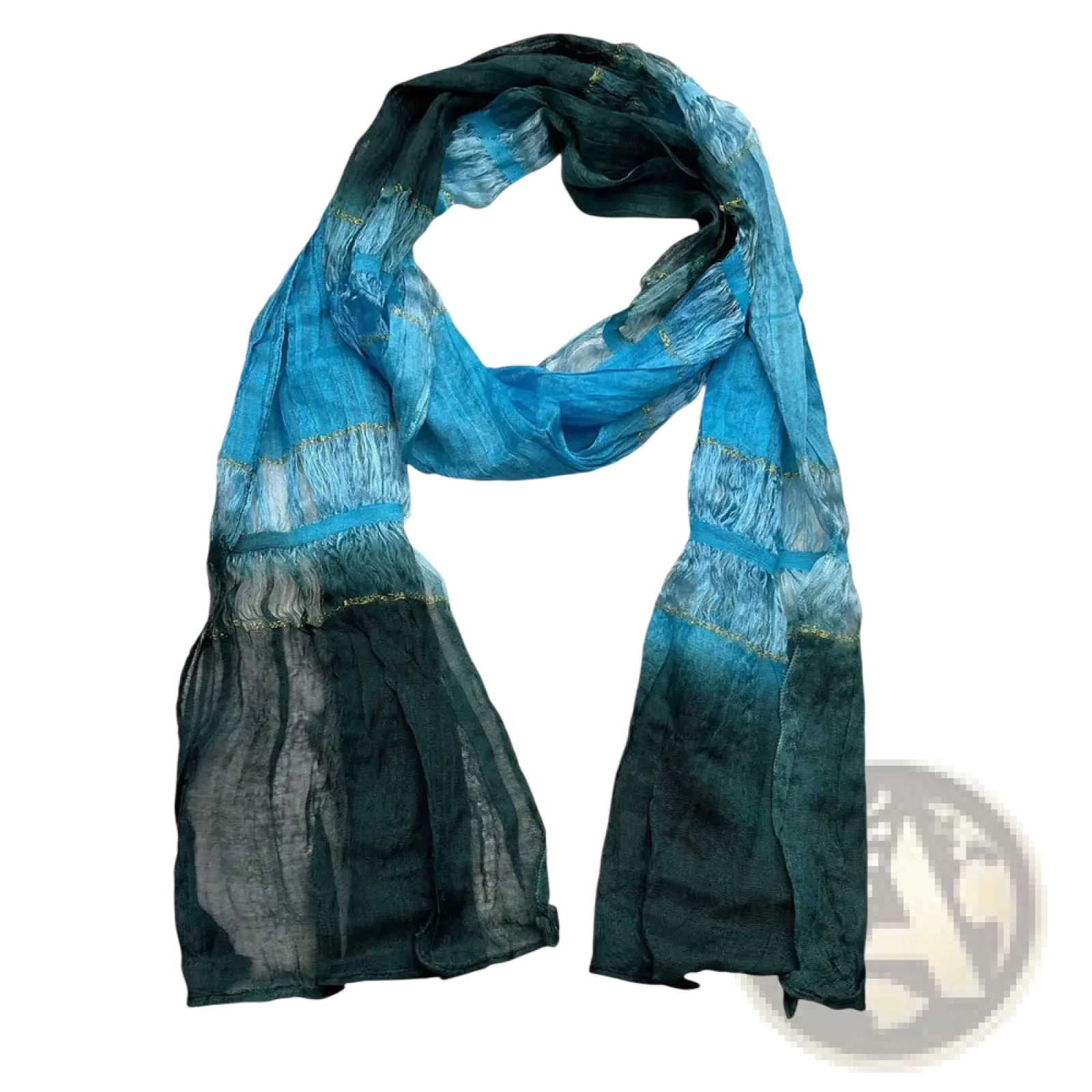 A turquoise metallic skinny scarf with a vibrant blue to deep teal gradient and subtle gold thread accents