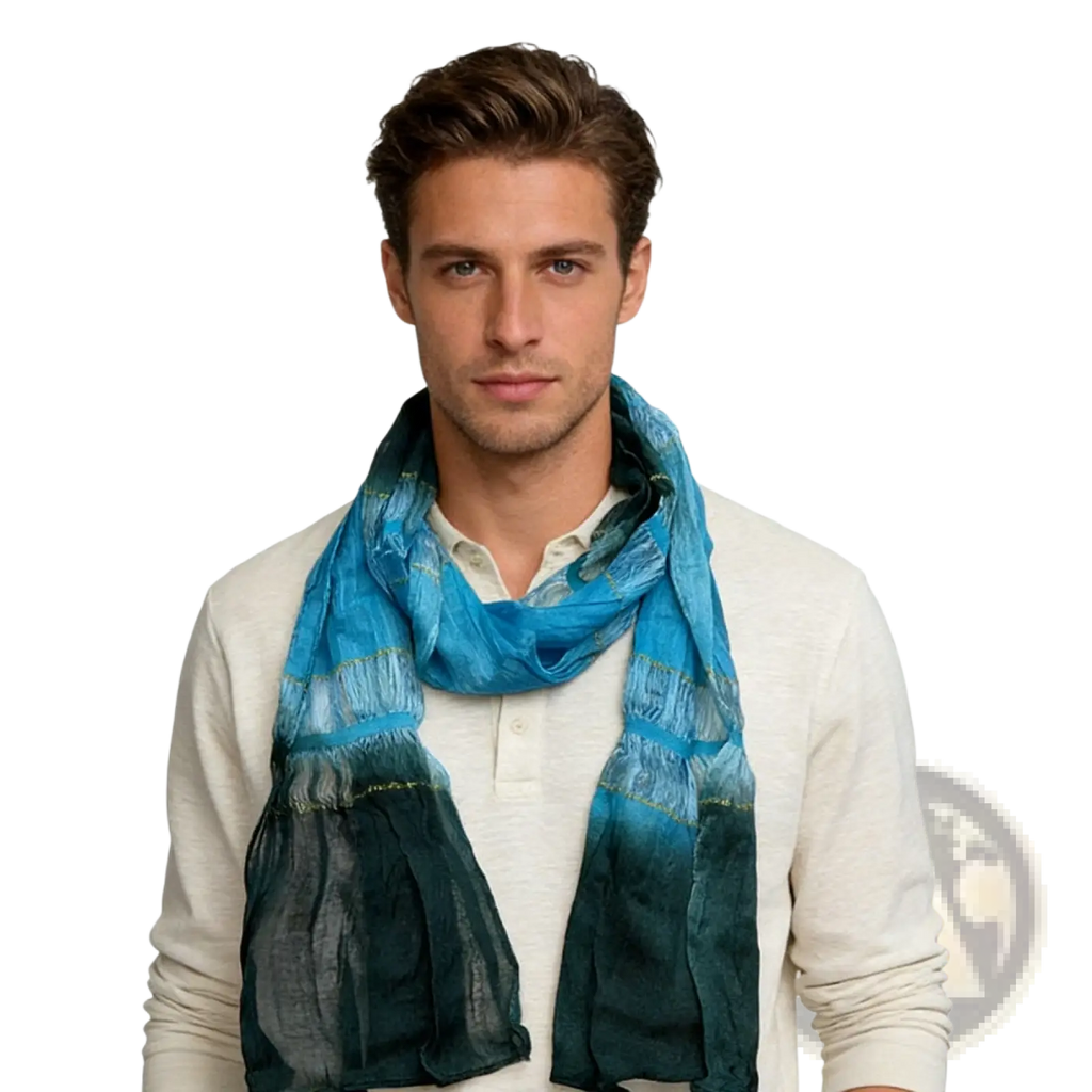 A flowing turquoise metallic skinny scarf with a blue and teal shimmer gradient and subtle textured patterns