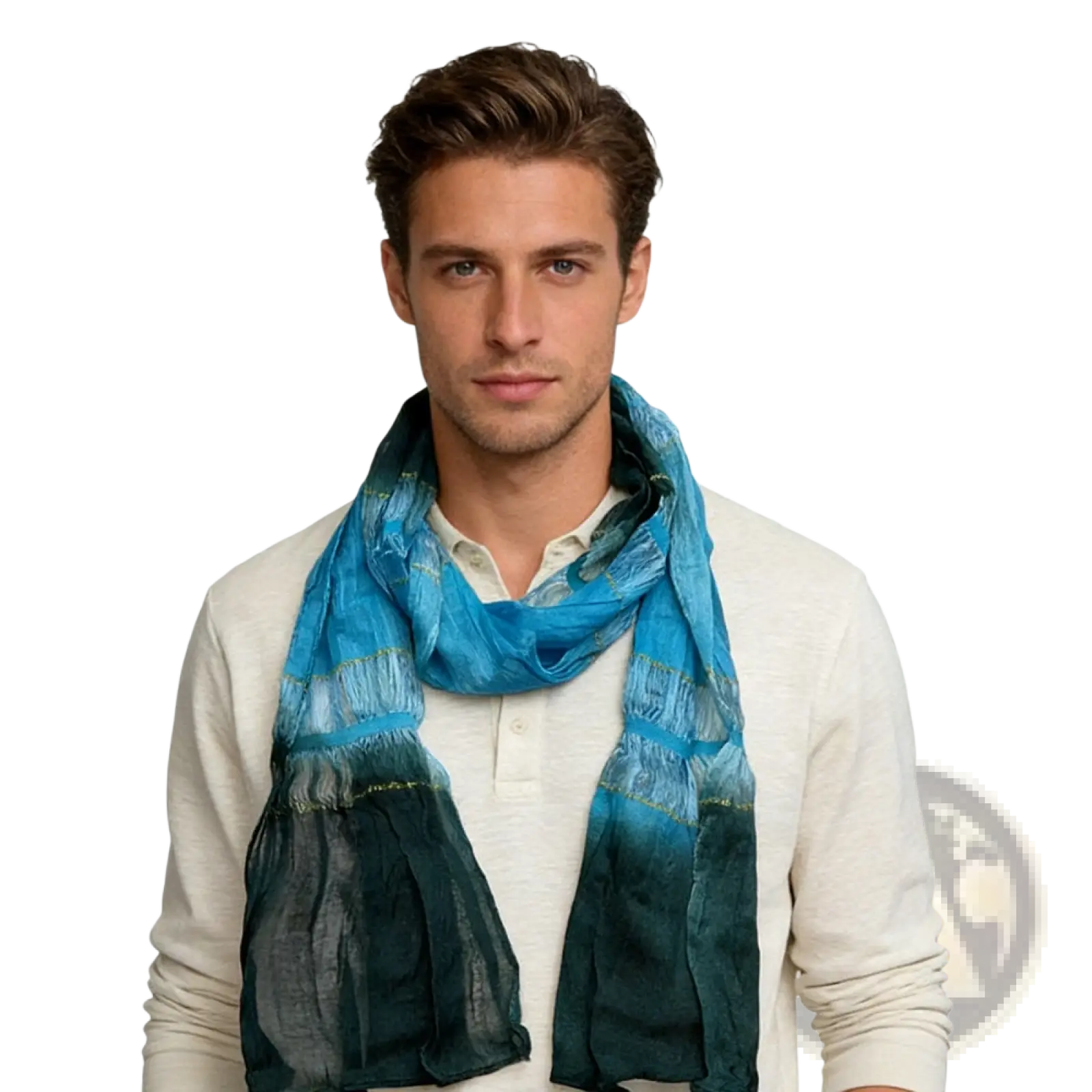 A flowing turquoise metallic skinny scarf with a blue and teal shimmer gradient and subtle textured patterns