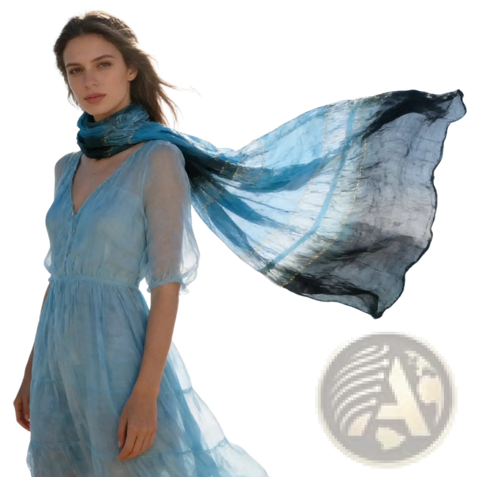 A flowing sheer turquoise metallic skinny scarf with a blue shimmer gradient and subtle gold thread detailing